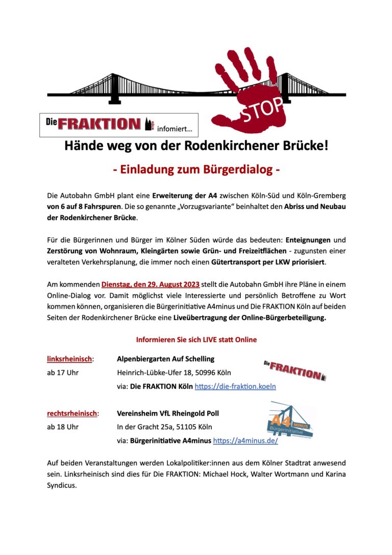 Read more about the article Rodenkirchener Brücke – „A4plus“ ist ein Minusgeschäft auf Kosten von Steuerzahlern, Anwohnern und der Umwelt